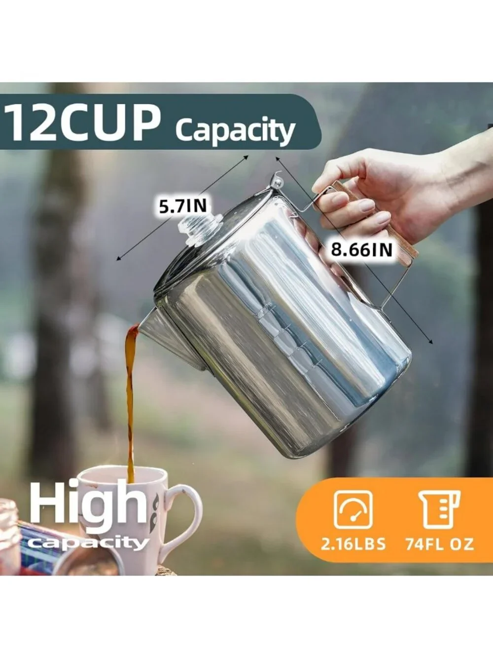 12-Cup Stainless Steel Camping Coffee Percolator - Non-Electric, Fast Brew